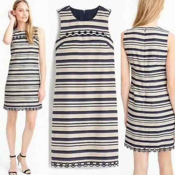 J. Crew Navy Blue Striped Scalloped Trim Grommet Shift Dress Size 00 - Picture 1 of 16